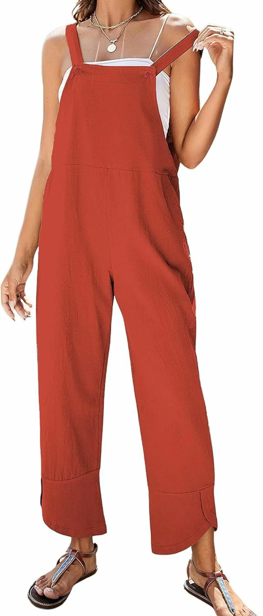 APAFES Women's Linen Blend Sleeveless Jumpsuit with Pockets - Summer Capri Overalls Romper Tulip Hem Casual Boho Style