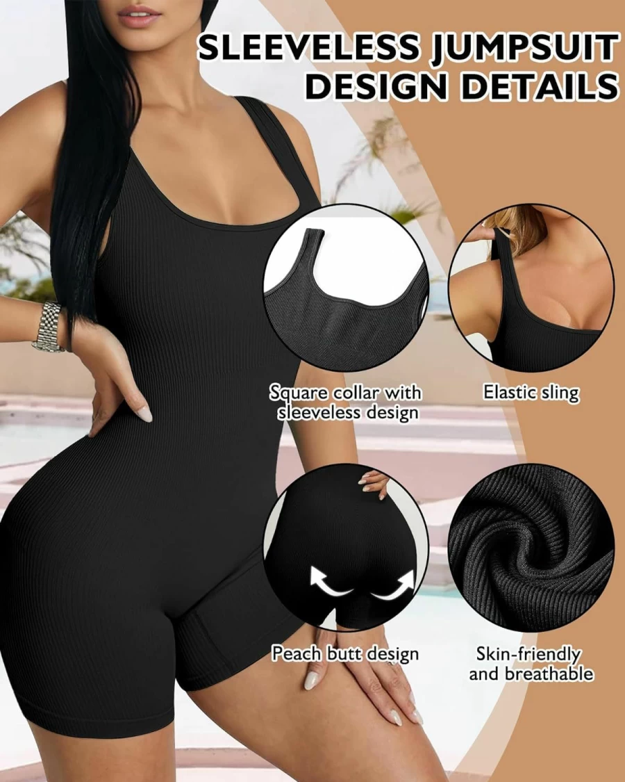 AURUZA Women's Seamless Yoga Romper Jumpsuit - Sleeveless Ribbed Workout Tank Top One Piece for Exercise