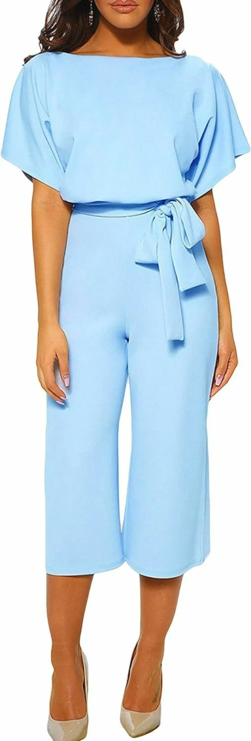 CHARTOU Women's Bow Tie Short Sleeve Wide Leg Jumpsuit - Palazzo Pants Romper for Summer