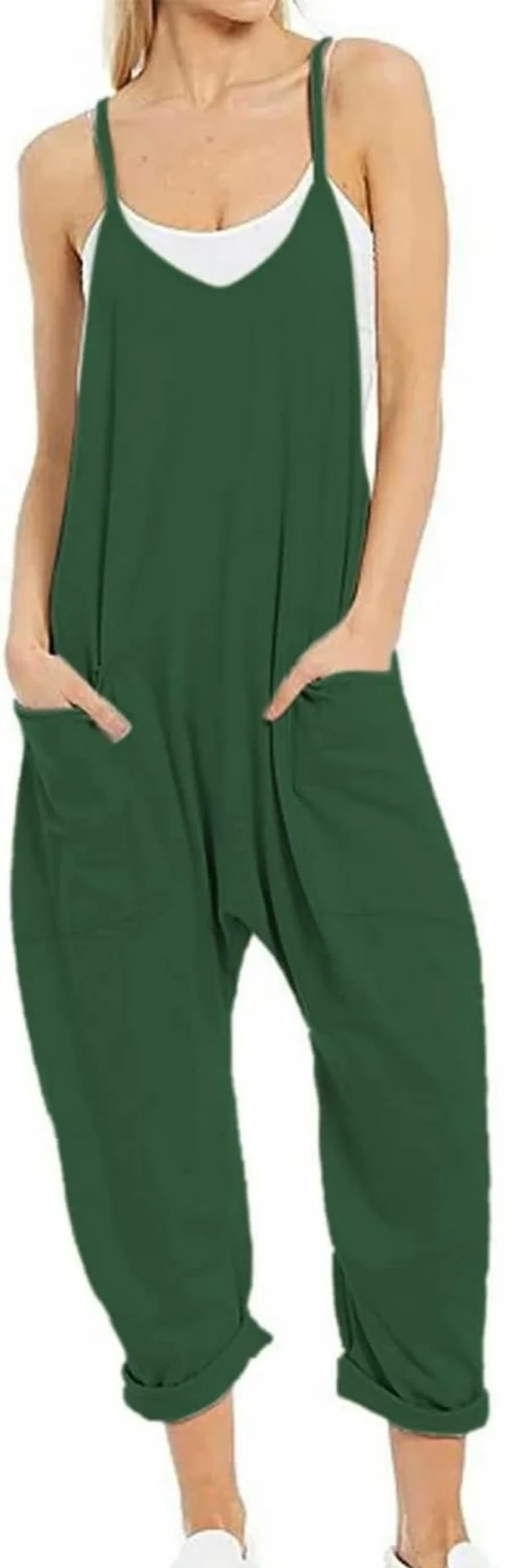 Haellun Women's Casual Sleeveless Jumpsuit with Spaghetti Straps, Harem Pants, and Pockets - Summer Romper for Women