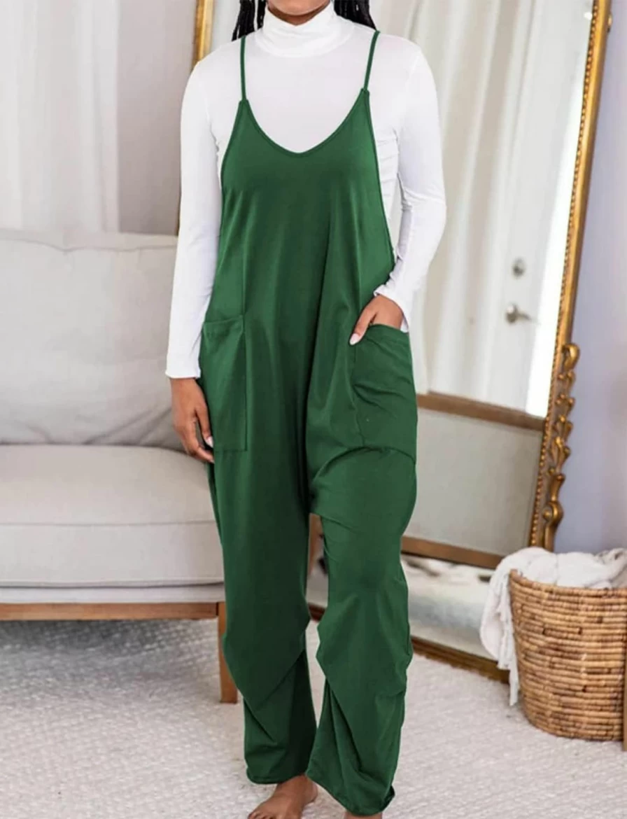 Haellun Women's Casual Sleeveless Jumpsuit with Spaghetti Straps, Harem Pants, and Pockets - Summer Romper for Women