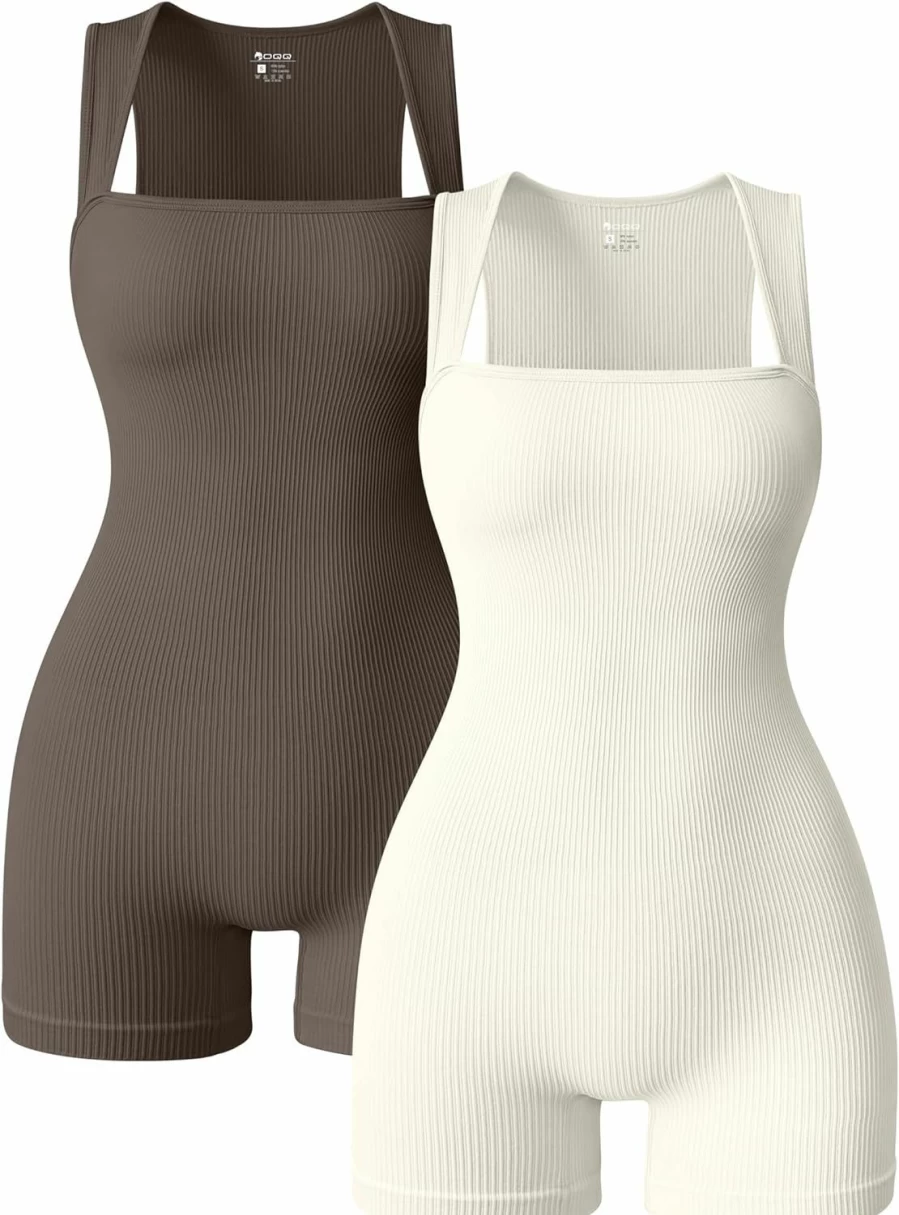 OQQ Women's 2-Piece Yoga Romper – Stretchy Strappy Square Neck Sleeveless Workout Jumpsuit for Exercise