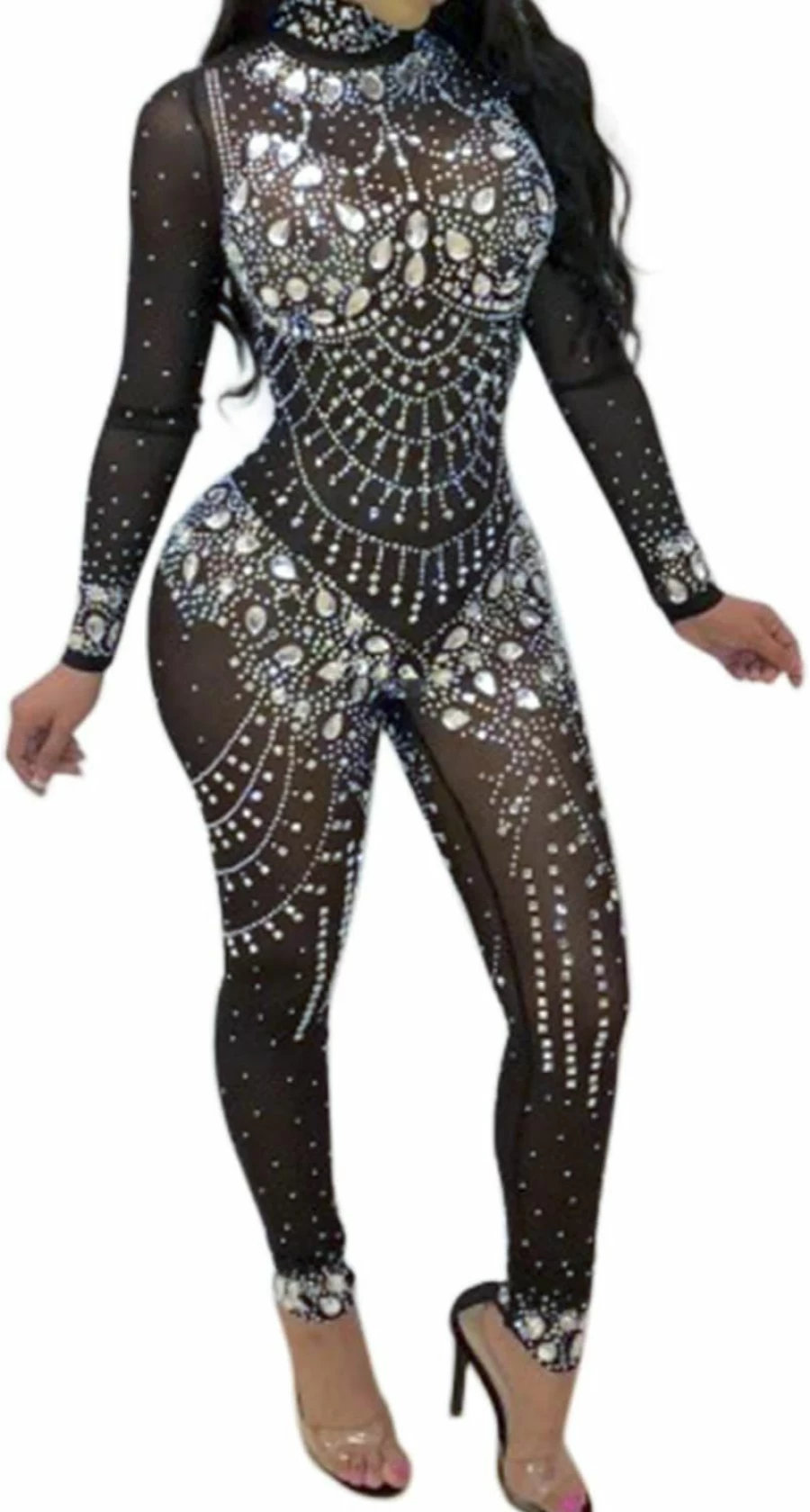Sedrinuo Sparkly Rhinestone Romper Jumpsuit for Women - High Neck Long Sleeve Bodycon Club Outfit