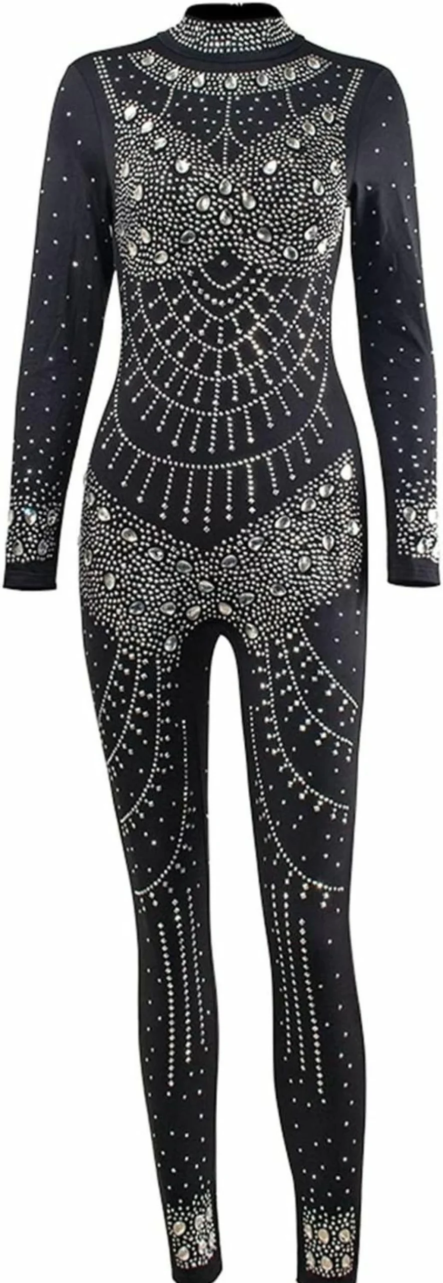 Sedrinuo Sparkly Rhinestone Romper Jumpsuit for Women - High Neck Long Sleeve Bodycon Club Outfit