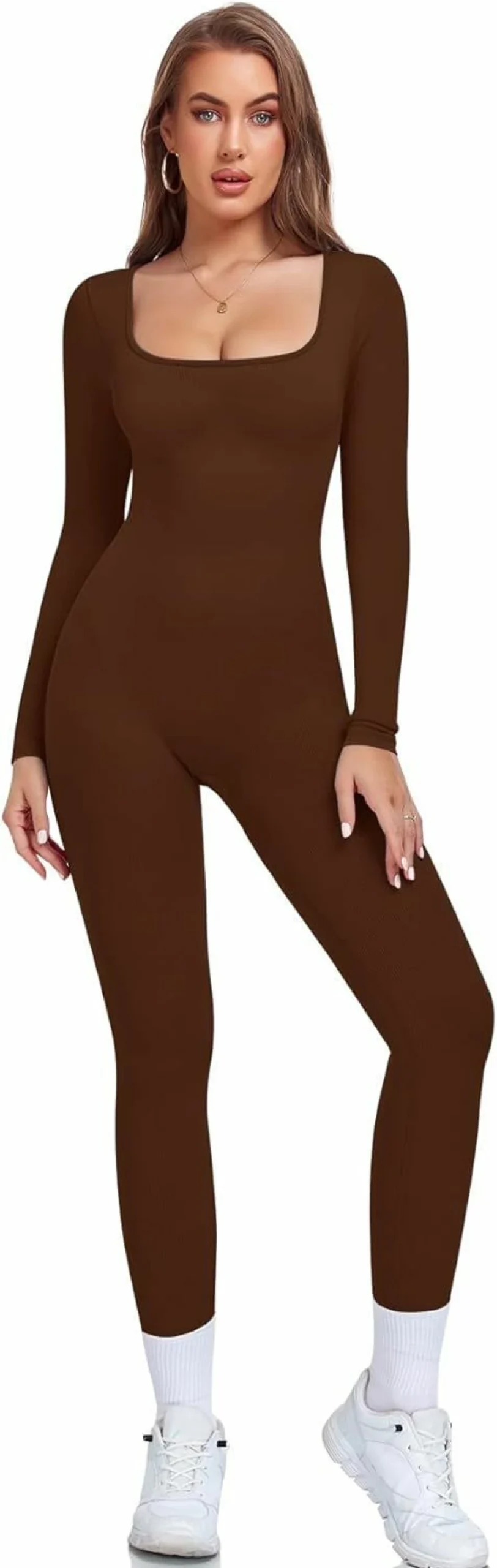 KIKIMINK Women's Tummy Control Yoga Jumpsuit - Long Sleeve Square Neck Ribbed Bodysuit Romper for Workout & Fitness