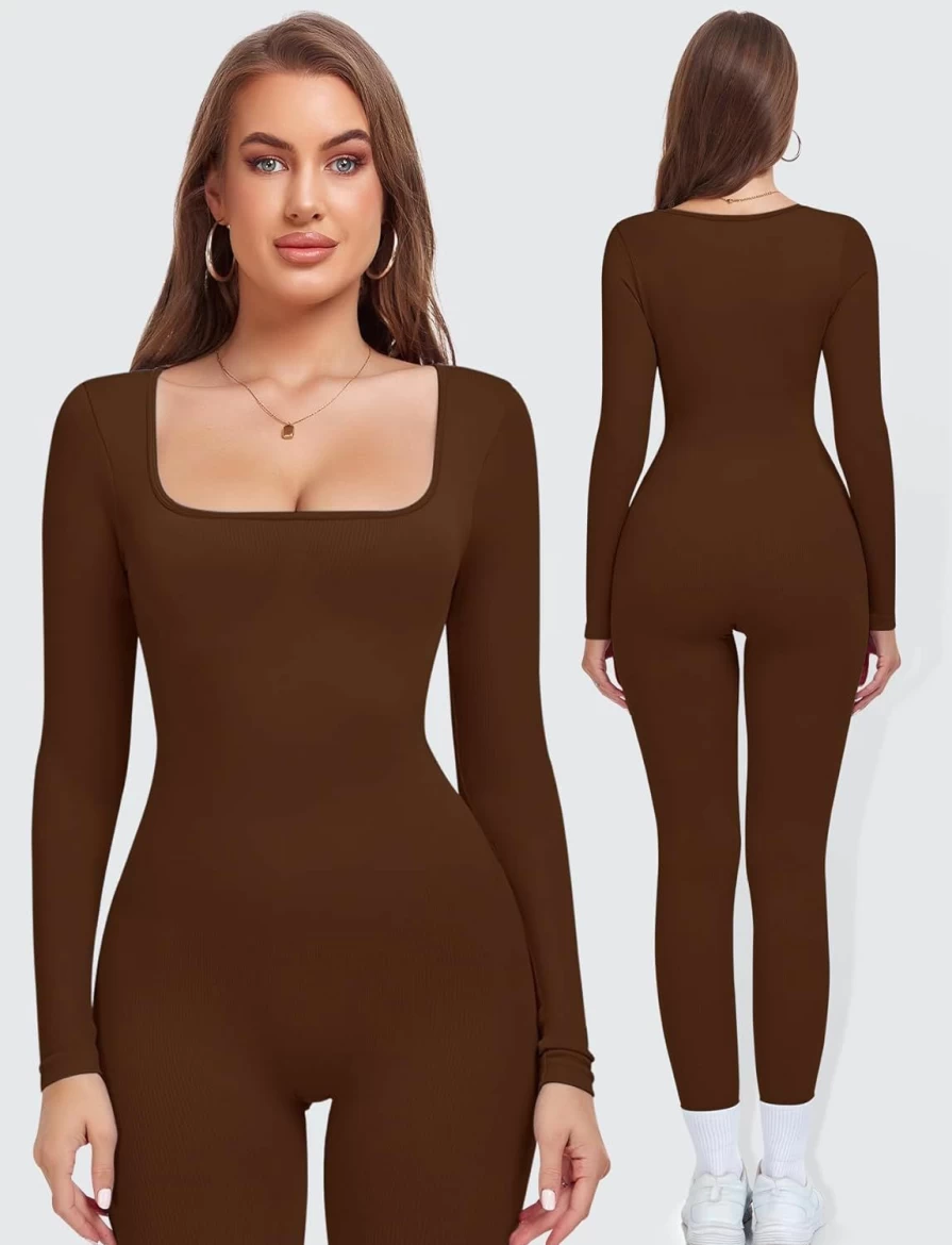 KIKIMINK Women's Tummy Control Yoga Jumpsuit - Long Sleeve Square Neck Ribbed Bodysuit Romper for Workout & Fitness