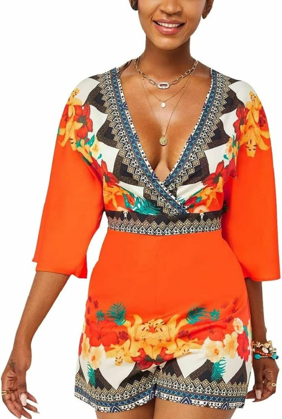 SperLucky Women's Floral Print Backless Jumpsuit - Sexy V Neck Romper with Loose Half Sleeves, Casual One Piece Bodysuit Outfit