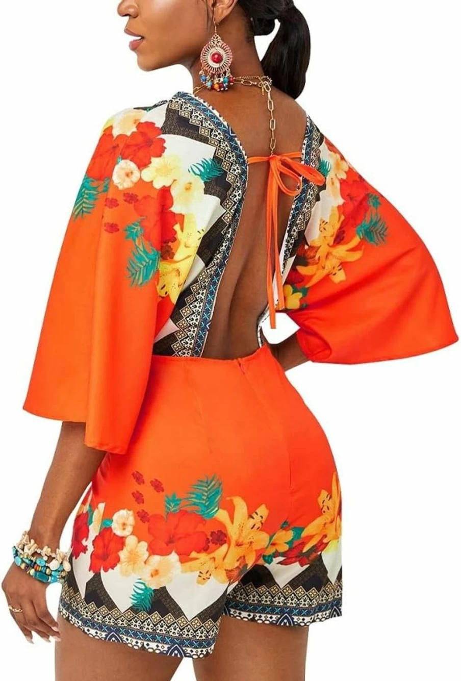 SperLucky Women's Floral Print Backless Jumpsuit - Sexy V Neck Romper with Loose Half Sleeves, Casual One Piece Bodysuit Outfit