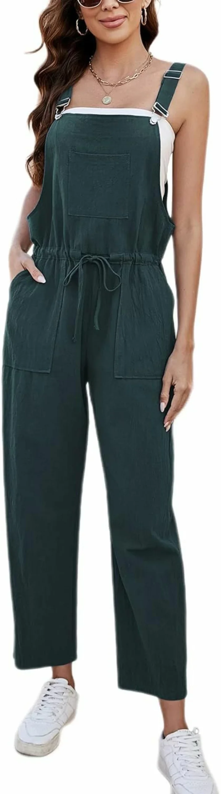 Tanming Women's Cotton Linen Jumpsuit with Adjustable Straps and Drawstring Waist - Casual Bib Overalls
