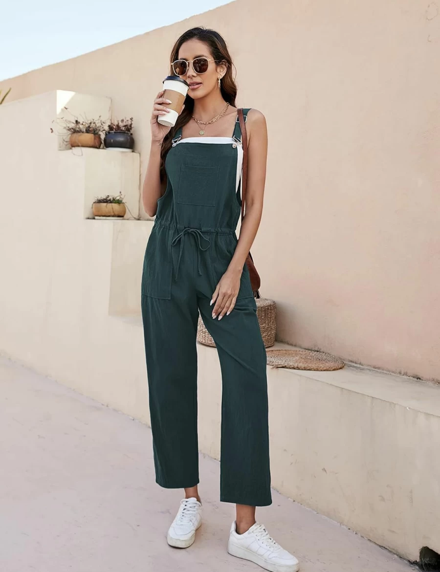 Tanming Women's Cotton Linen Jumpsuit with Adjustable Straps and Drawstring Waist - Casual Bib Overalls