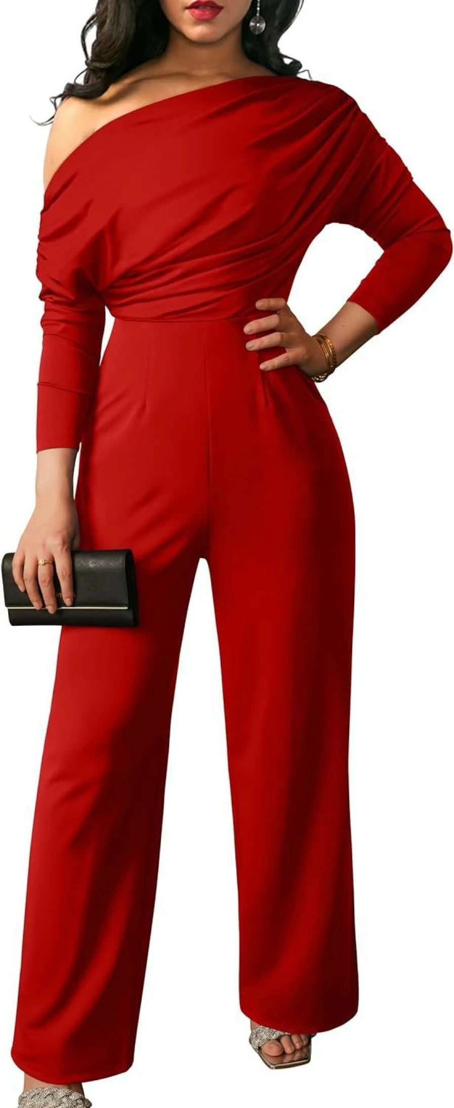 YMDUCH Women's Off-Shoulder Wide Leg Jumpsuit - Elegant Fall Long Sleeve Romper for Women