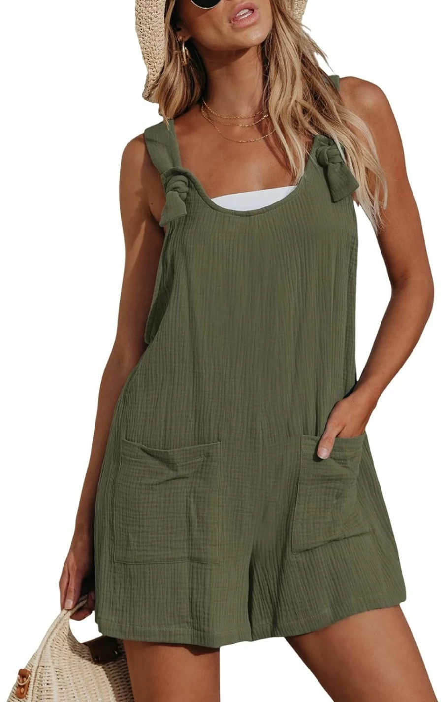 CUPSHE Women's Casual Denim Pinafore Romper with Scoop Neck, Sleeveless Overall Jumpsuit and Front Patch Pockets, Straight Leg Design