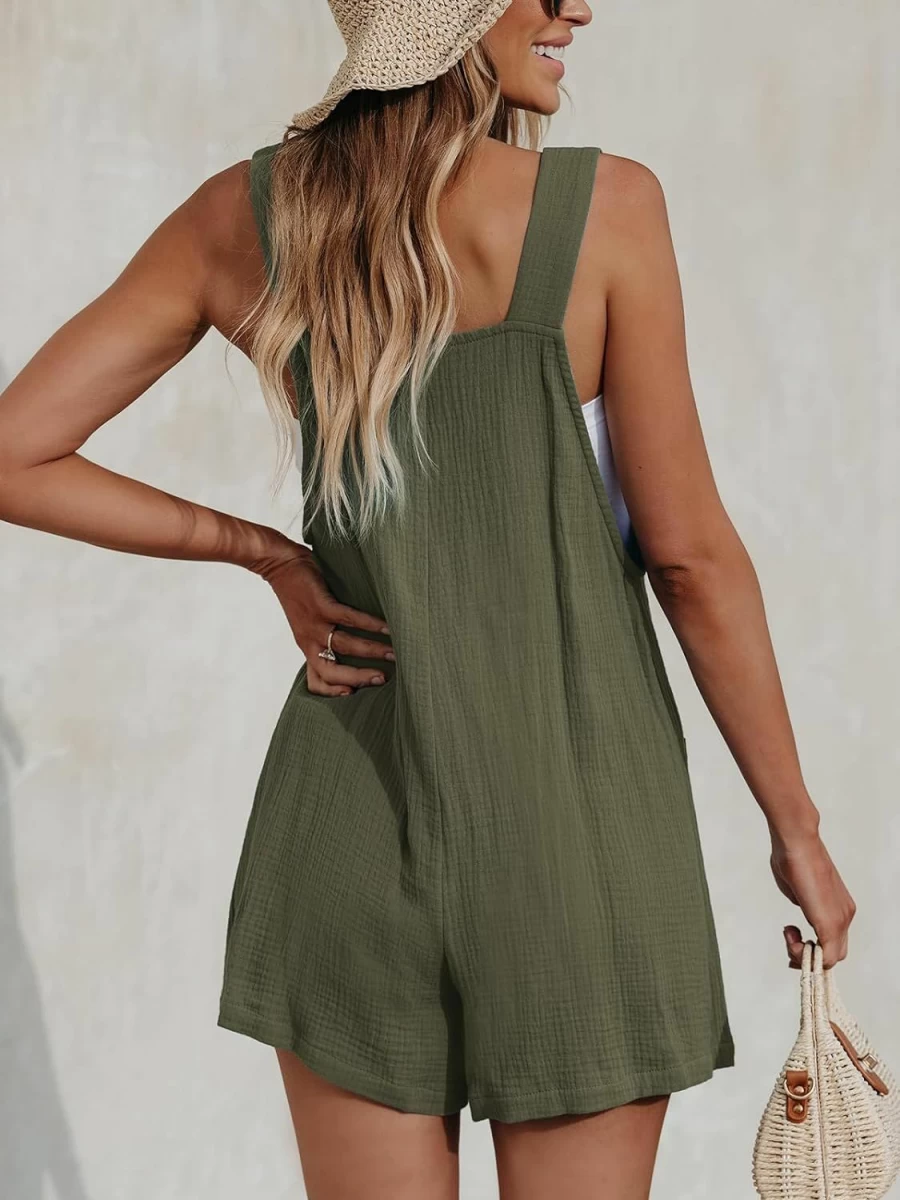 CUPSHE Women's Casual Denim Pinafore Romper with Scoop Neck, Sleeveless Overall Jumpsuit and Front Patch Pockets, Straight Leg Design