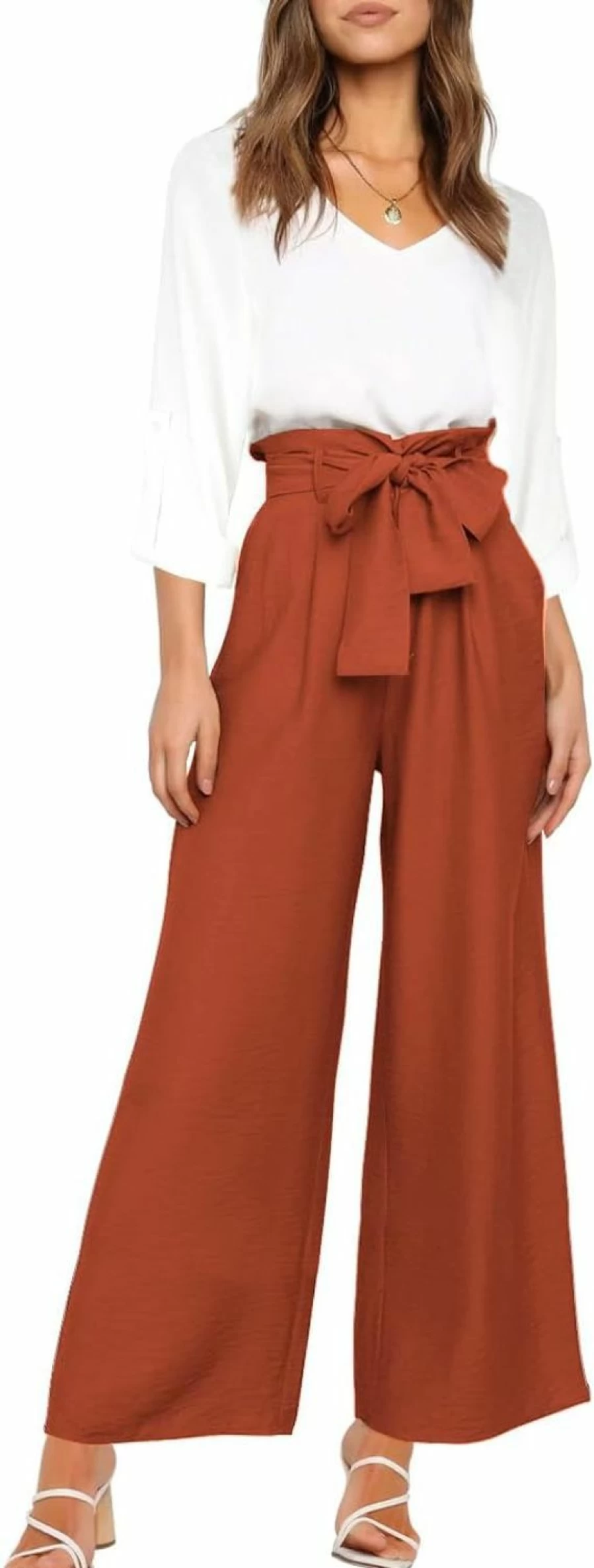 FANCYINN Women's 2-Piece Outfit Set - V-Neck Long Sleeve Blouse & High-Waisted Paper Bag Pants with Belt