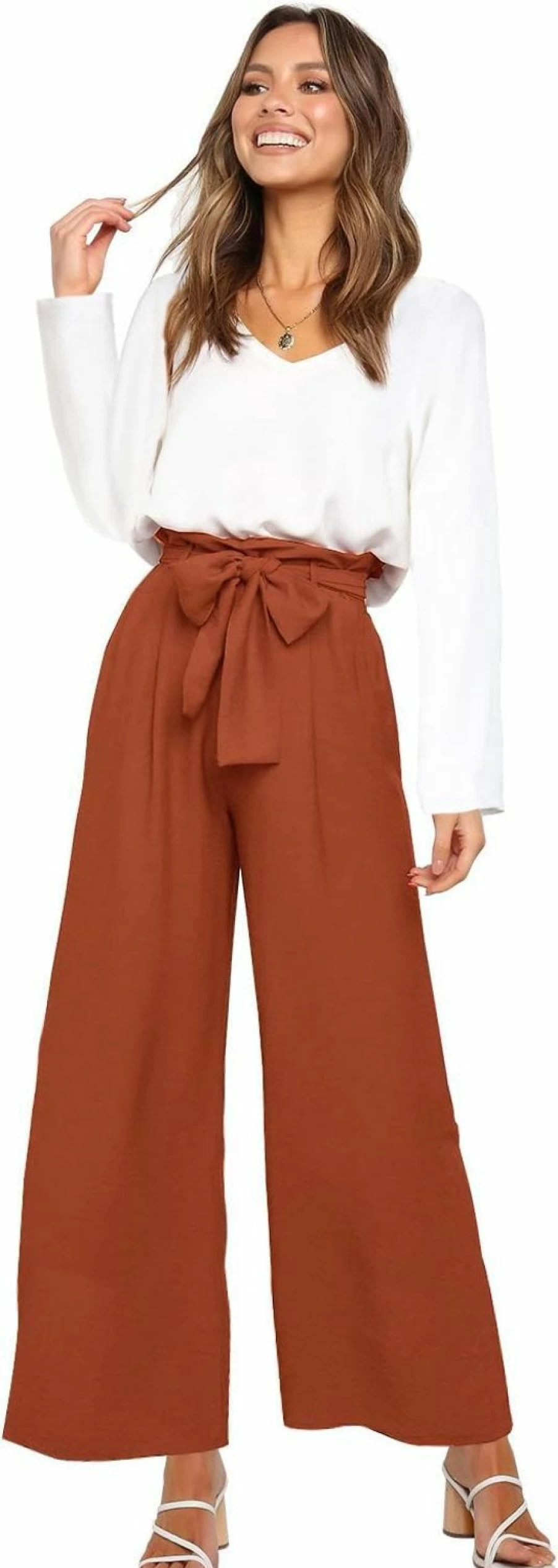 FANCYINN Women's 2-Piece Outfit Set - V-Neck Long Sleeve Blouse & High-Waisted Paper Bag Pants with Belt