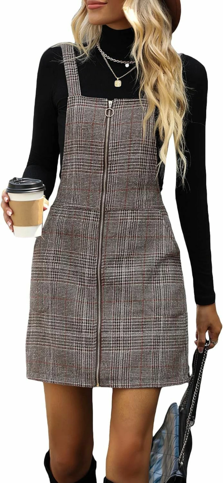 Floerns Women's Casual Sleeveless Tartan Pinafore Dress with Zip-Up Front