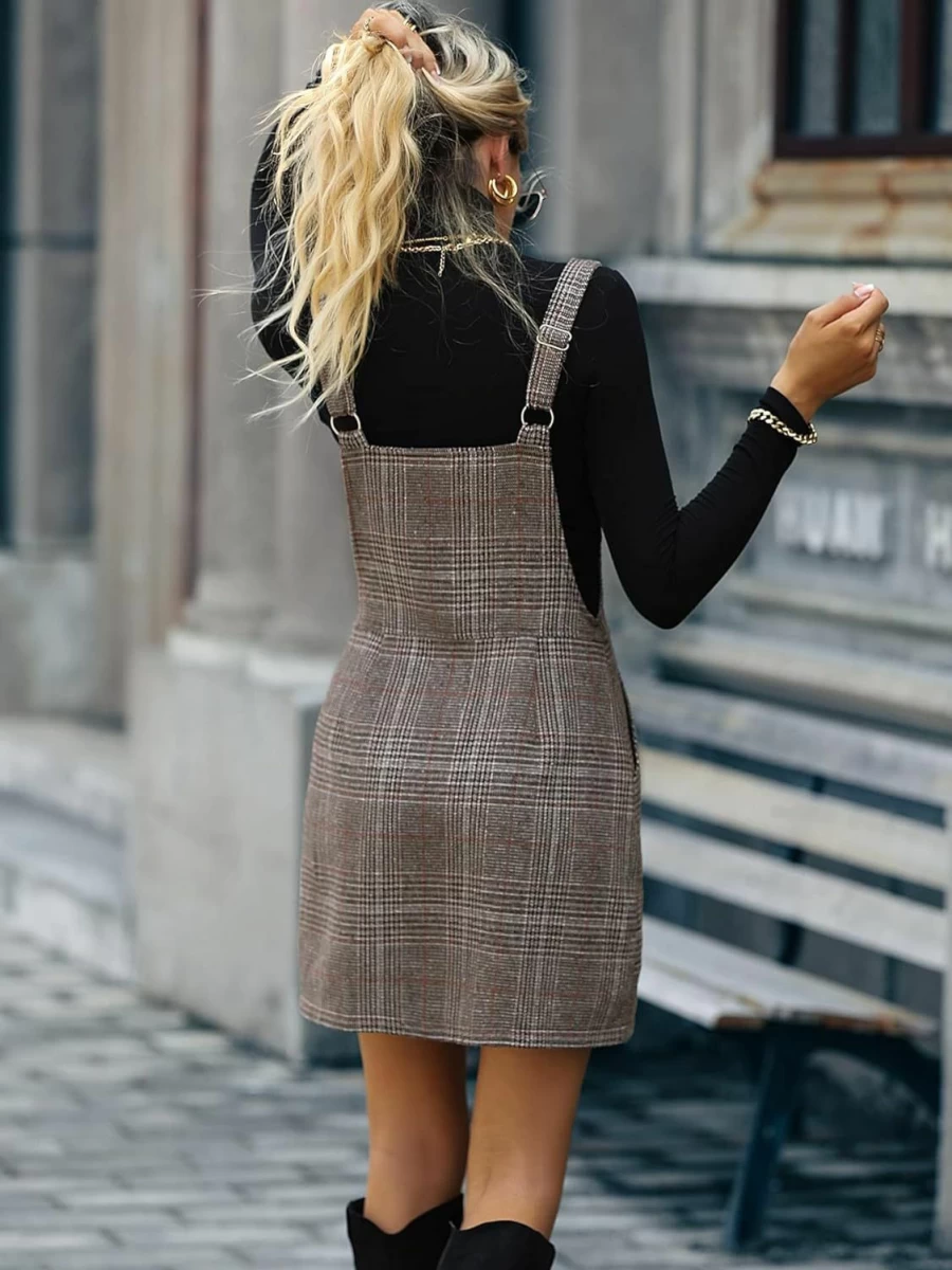 Floerns Women's Casual Sleeveless Tartan Pinafore Dress with Zip-Up Front