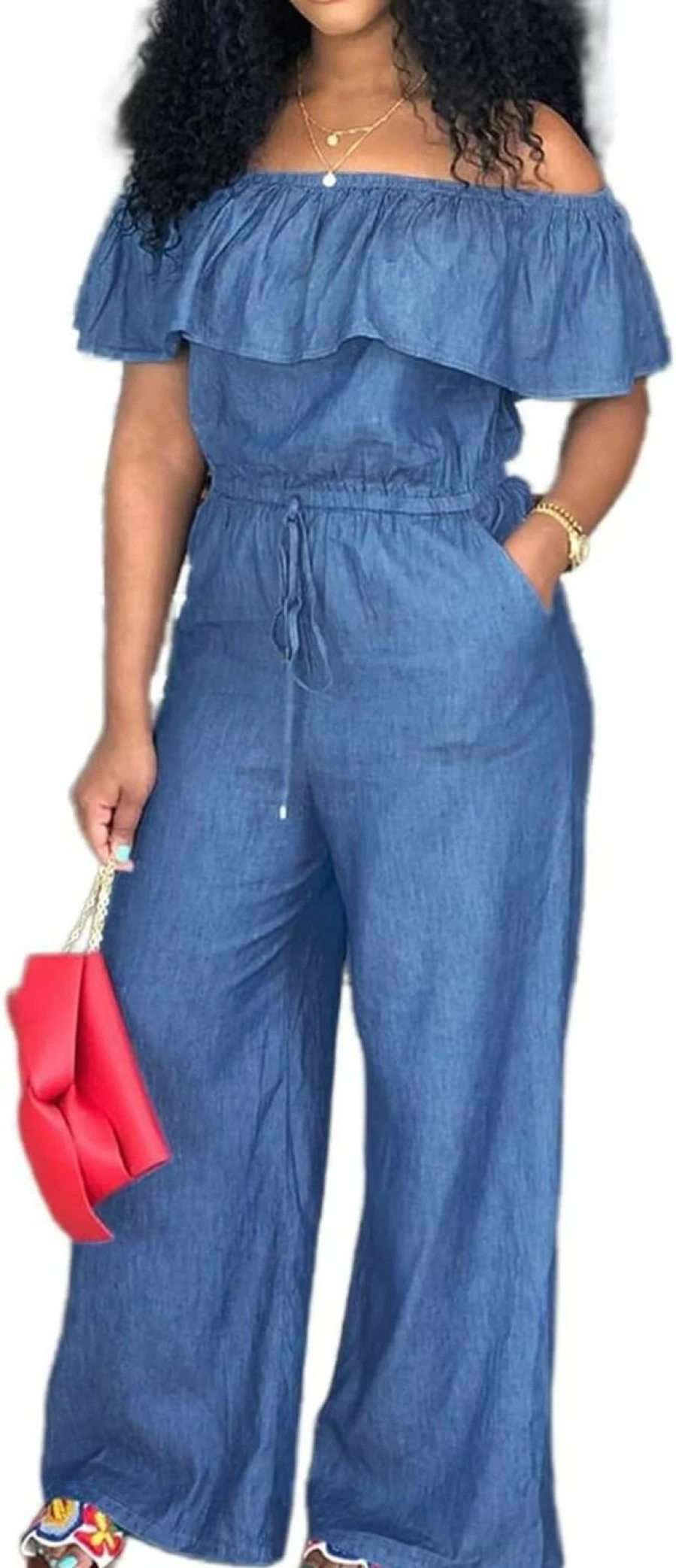 Flamingals Women's Off-Shoulder Wide Leg Denim Jumpsuit - Strapless Dressy Romper
