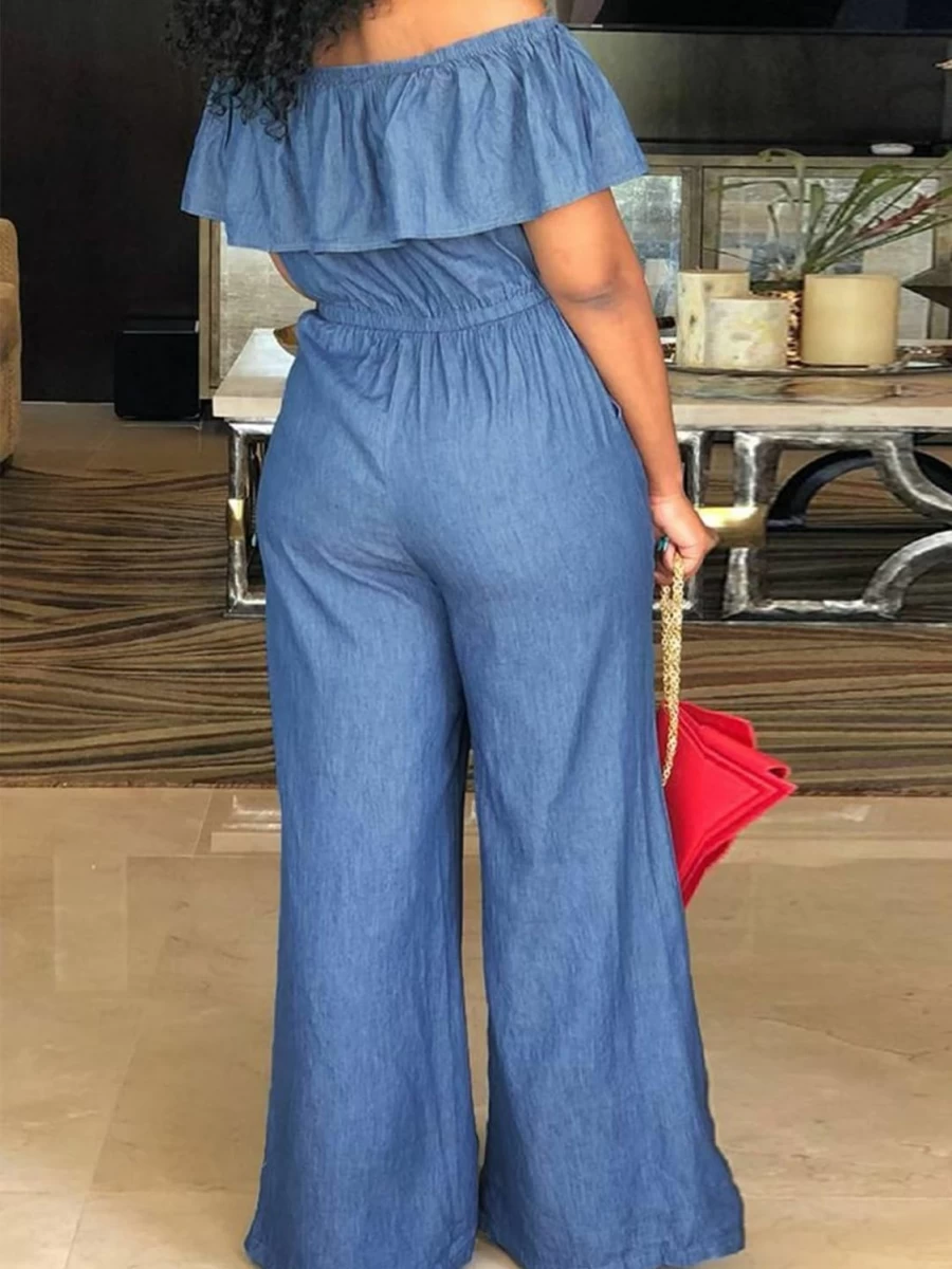 Flamingals Women's Off-Shoulder Wide Leg Denim Jumpsuit - Strapless Dressy Romper