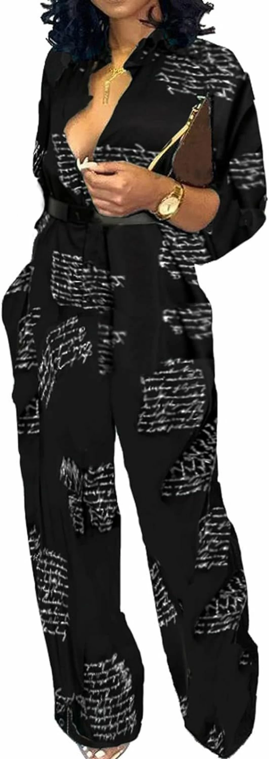 CuteCherry Women's Elegant V-Neck Long Sleeve Jumpsuit with Wide Leg Pants, Belt and Pockets - Casual Sexy Romper