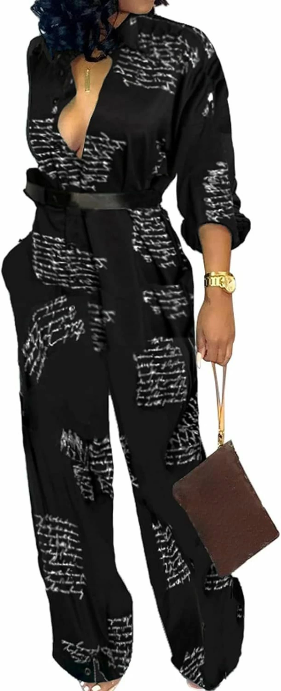 CuteCherry Women's Elegant V-Neck Long Sleeve Jumpsuit with Wide Leg Pants, Belt and Pockets - Casual Sexy Romper