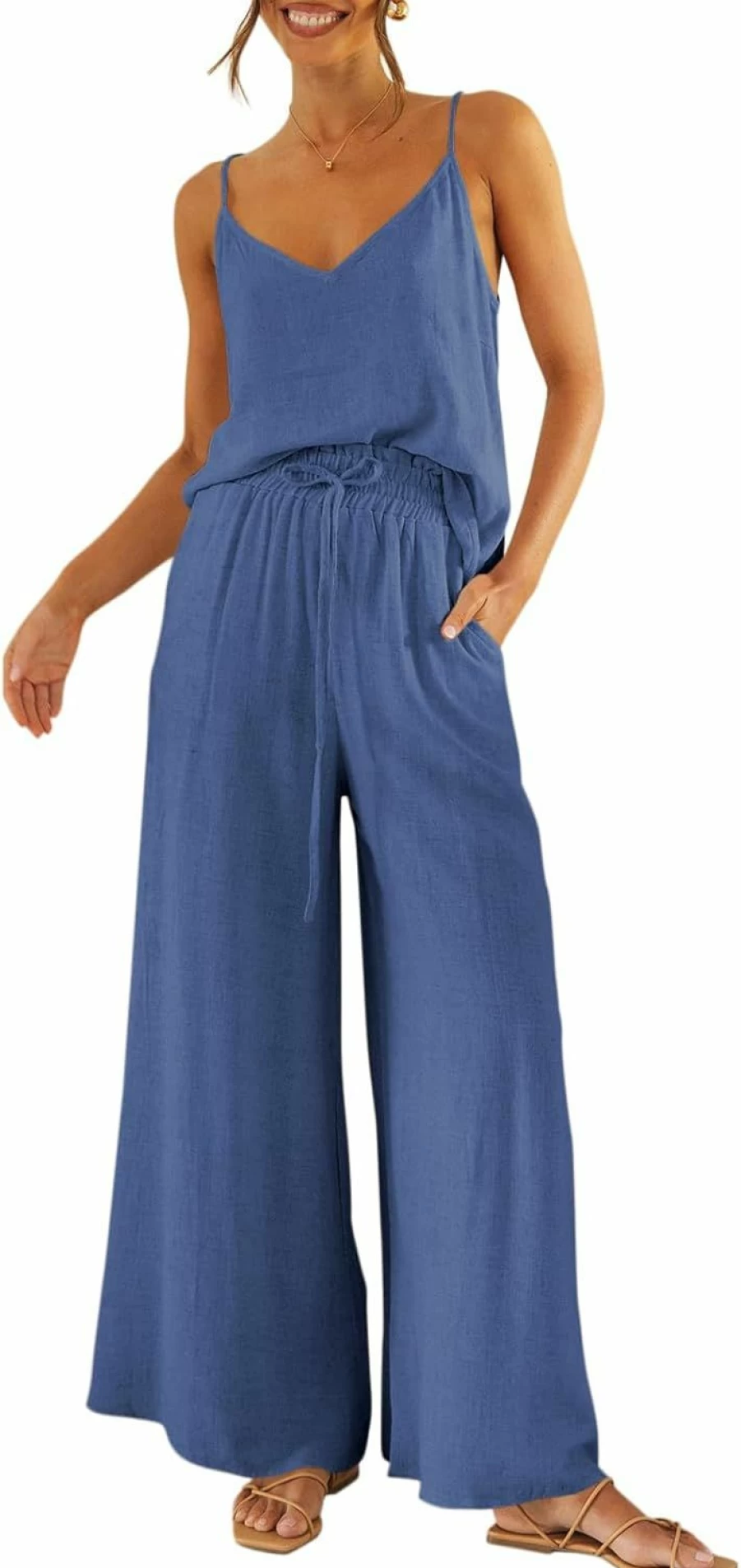 Imily Bela Women's Casual 2-Piece Pajama Set - Spaghetti Strap Cami Top & Wide Leg Pants Lounge Outfit
