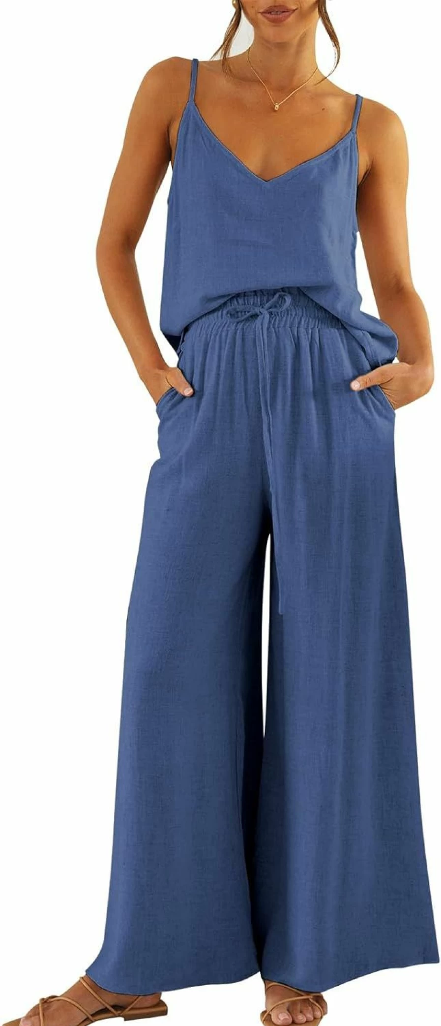 Imily Bela Women's Casual 2-Piece Pajama Set - Spaghetti Strap Cami Top & Wide Leg Pants Lounge Outfit