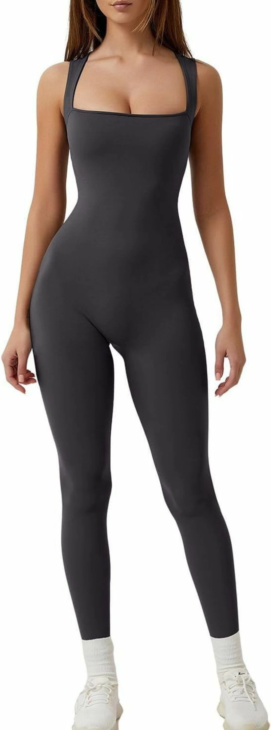 QINSEN Women's Strappy Square Neck Bodysuit Romper - Full Length Leggings Jumpsuit One Piece Outfit