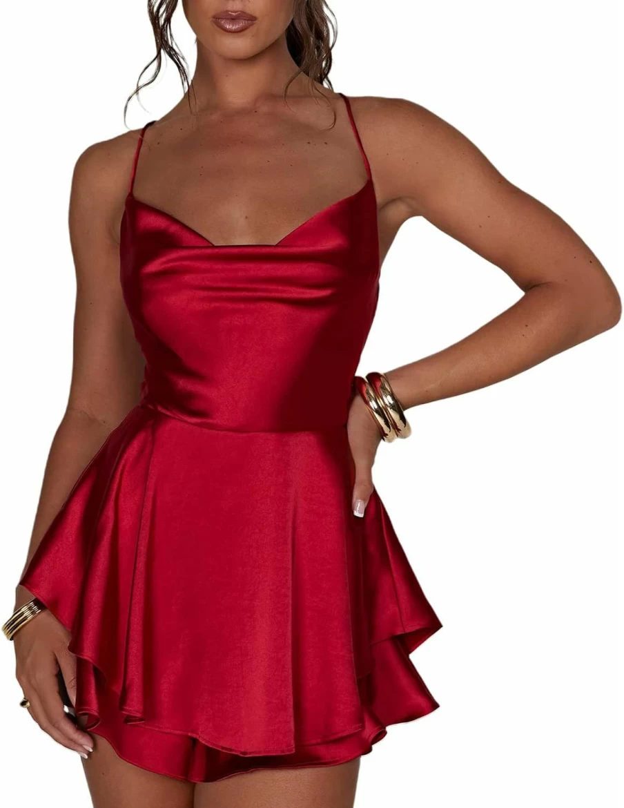 LouVasabuce Women's Sexy Satin Jumpsuit - Backless Mini Dress with Cowl Neck, Spaghetti Straps & Ruffle Detail