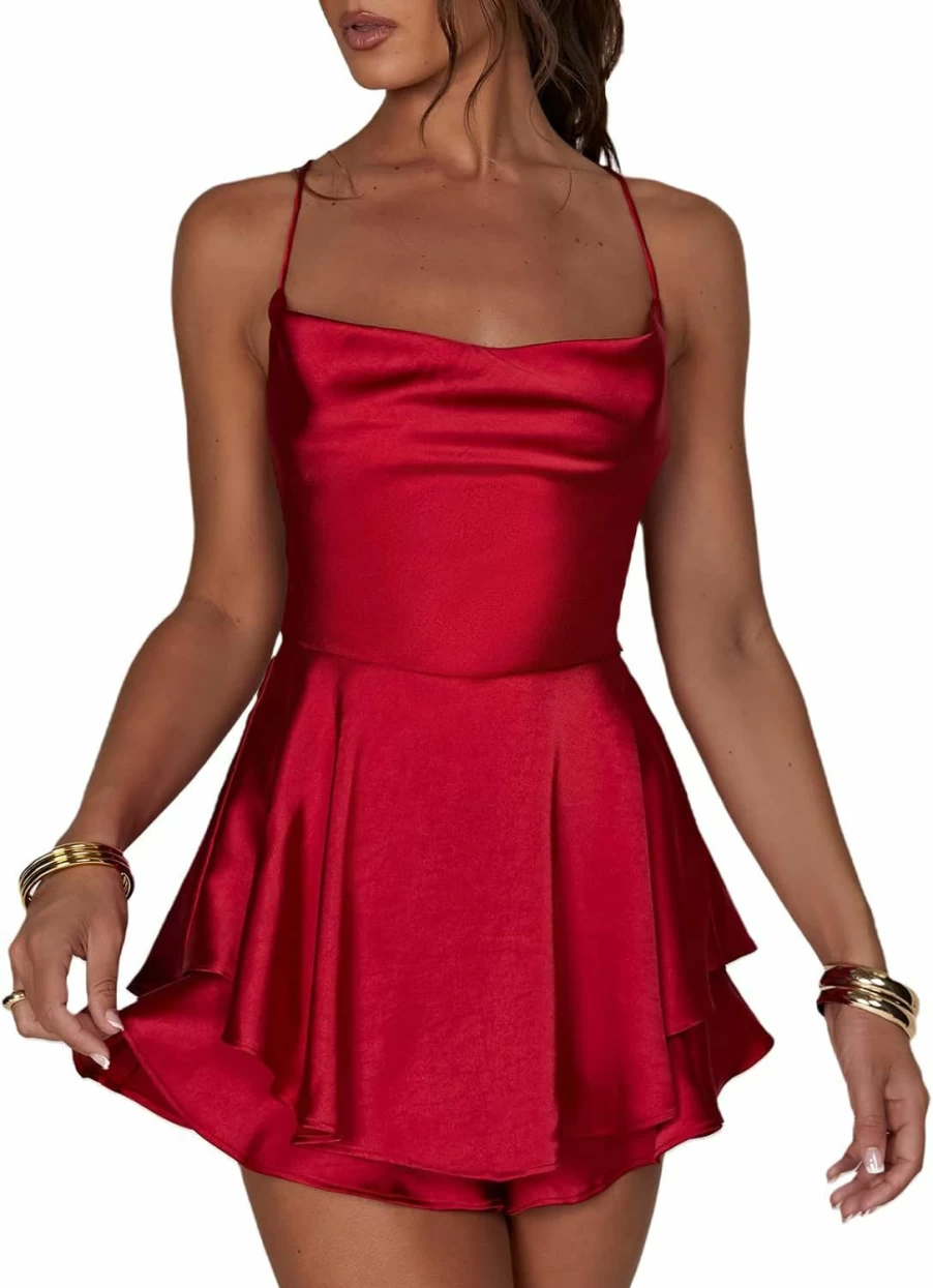 LouVasabuce Women's Sexy Satin Jumpsuit - Backless Mini Dress with Cowl Neck, Spaghetti Straps & Ruffle Detail