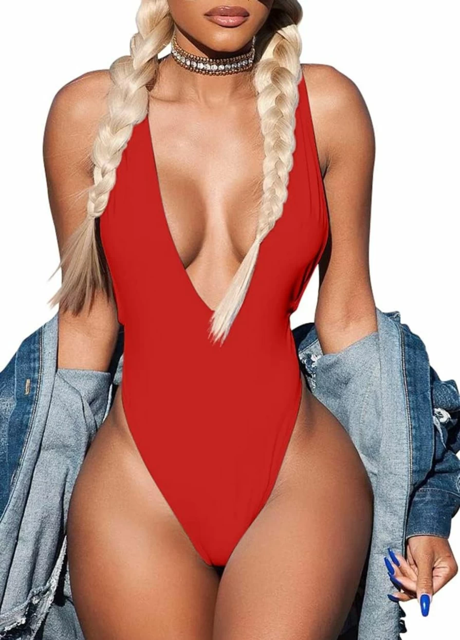 LAGSHIAN Women's Sexy Deep V-Neck Sleeveless Jumpsuit Bodysuit - Stretchy Tank Top Romper for Women