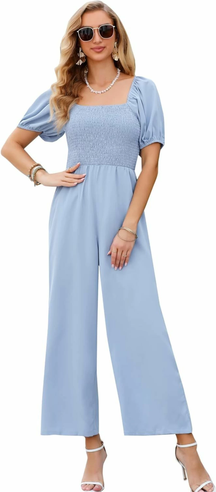 Love Welove Fashion Women's Smocked High Waist Wide Leg Romper - Short Sleeve Loose Jumpsuit Outfit for Casual & Dressy Occasions