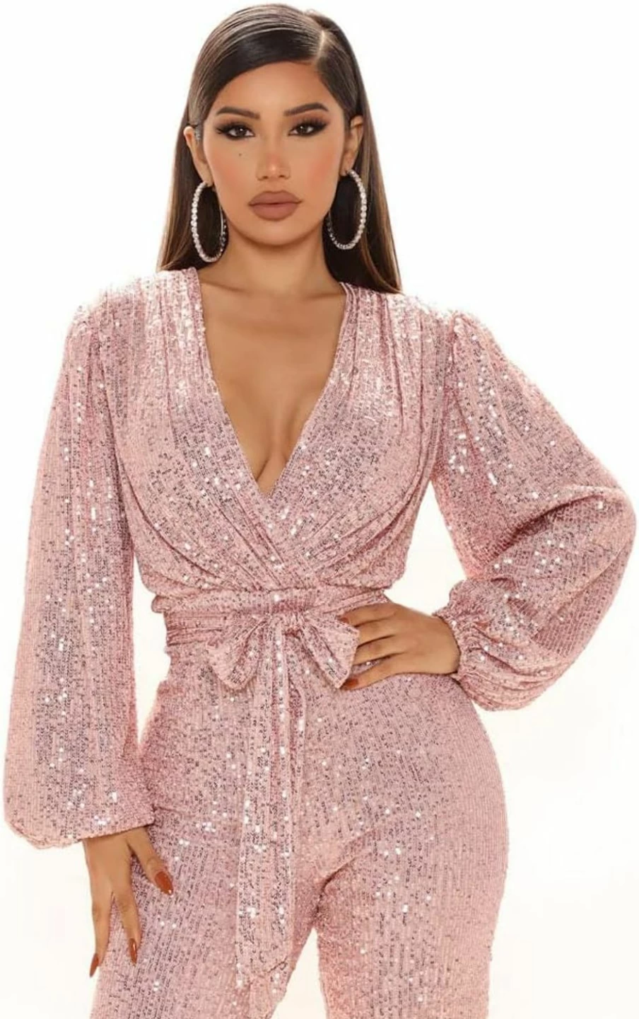 Sillon Women's Sequin Party Romper - Long Sleeve Deep V-Neck Jumpsuit with Bling for Glamorous Nights