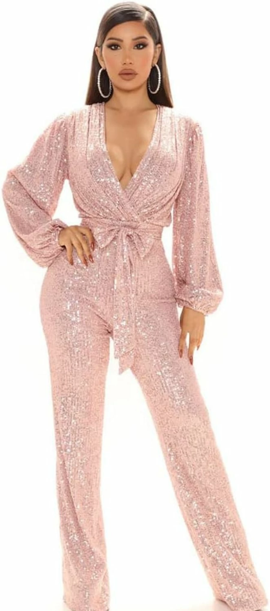 Sillon Women's Sequin Party Romper - Long Sleeve Deep V-Neck Jumpsuit with Bling for Glamorous Nights
