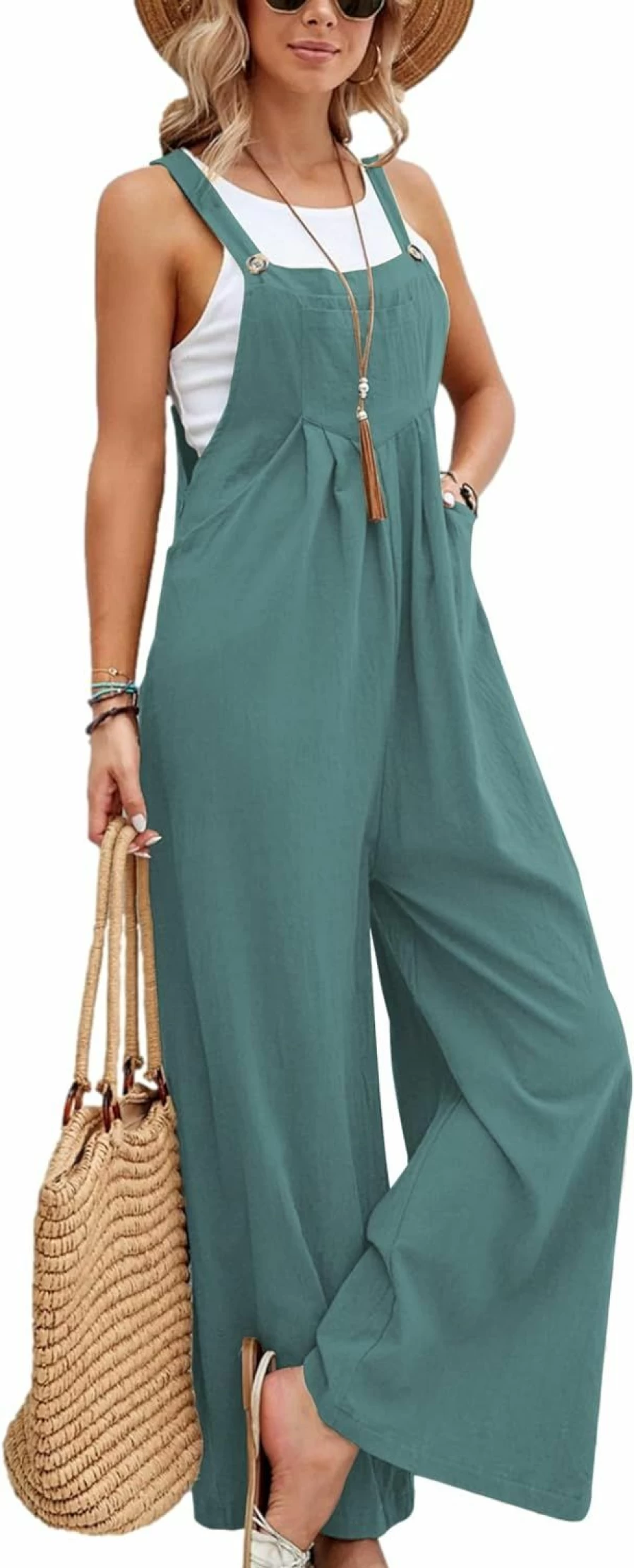 HangNiFang Women's Linen Jumpsuit Romper Summer Casual Overalls Adjustable Straps Wide Leg Pockets Comfortable Boho Chic Outfit