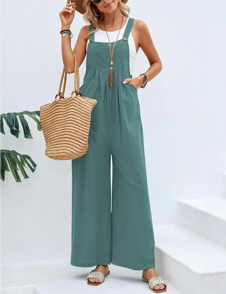 HangNiFang Women's Linen Jumpsuit Romper Summer Casual Overalls Adjustable Straps Wide Leg Pockets Comfortable Boho Chic Outfit