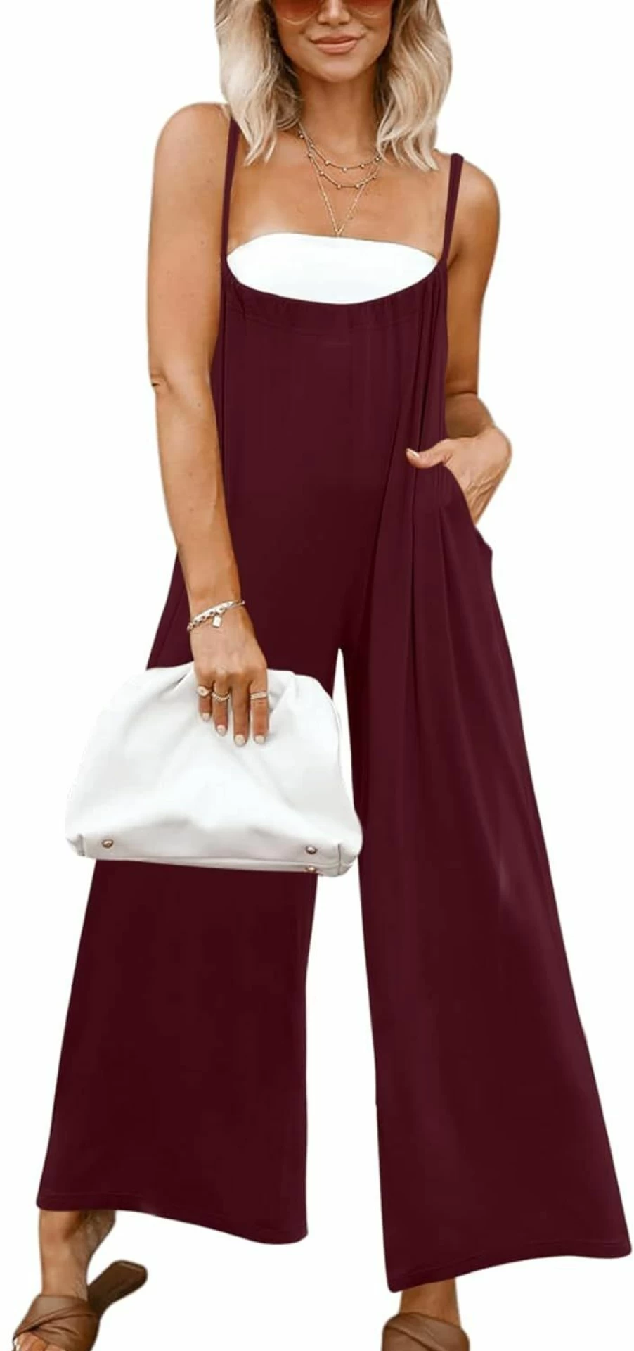 Deep Self Women's Casual Sleeveless Jumpsuit with Adjustable Straps, Wide Leg & Pockets - Loose Fit Romper Overalls