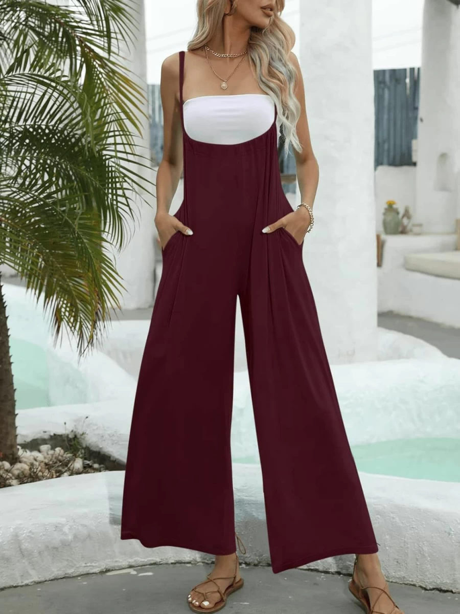 Deep Self Women's Casual Sleeveless Jumpsuit with Adjustable Straps, Wide Leg & Pockets - Loose Fit Romper Overalls