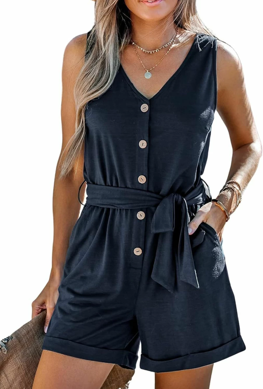 CUPSHE Women's V-Neck Sleeveless Romper Jumpsuit with Belt and Rolled Shorts