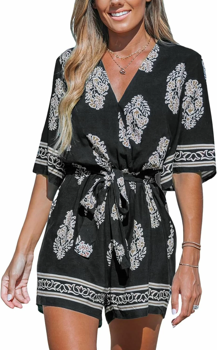 CUPSHE Women's Surplice Neck Wide-Leg Romper Jumpsuit with Waist Tie - Casual Summer Outfit Short Sleeve Overalls Dressy Playsuit