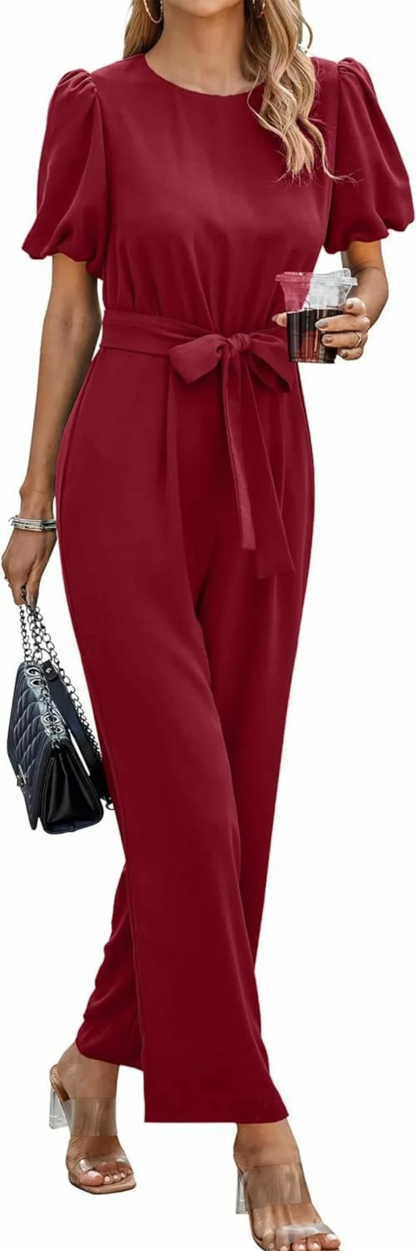 PRETTYGARDEN Women's Summer Puff Sleeve Wide Leg Jumpsuit Romper with Belt - Casual Dressy Outfit