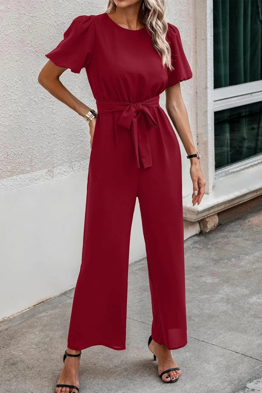 PRETTYGARDEN Women's Summer Puff Sleeve Wide Leg Jumpsuit Romper with Belt - Casual Dressy Outfit