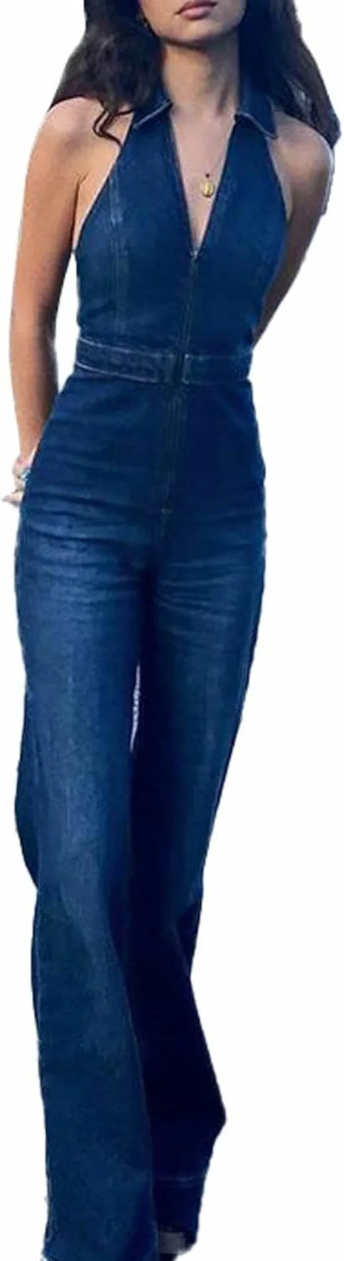 Sexyshine Women's Denim Jumpsuit - Slim Fit V-Neck Romper with Lapel & Zipper, Sleeveless Overalls for Women