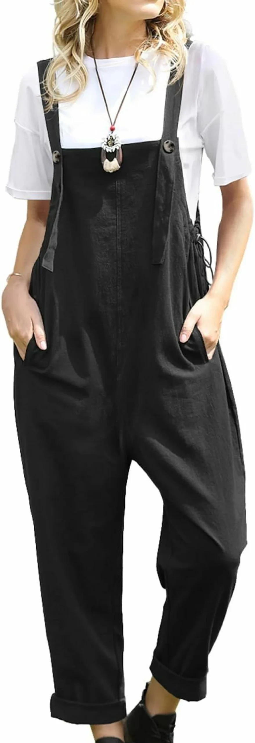 YESNO Women's Casual Cotton Jumpsuit Romper - Loose Fit Overalls with Pockets, Baggy Harem Style