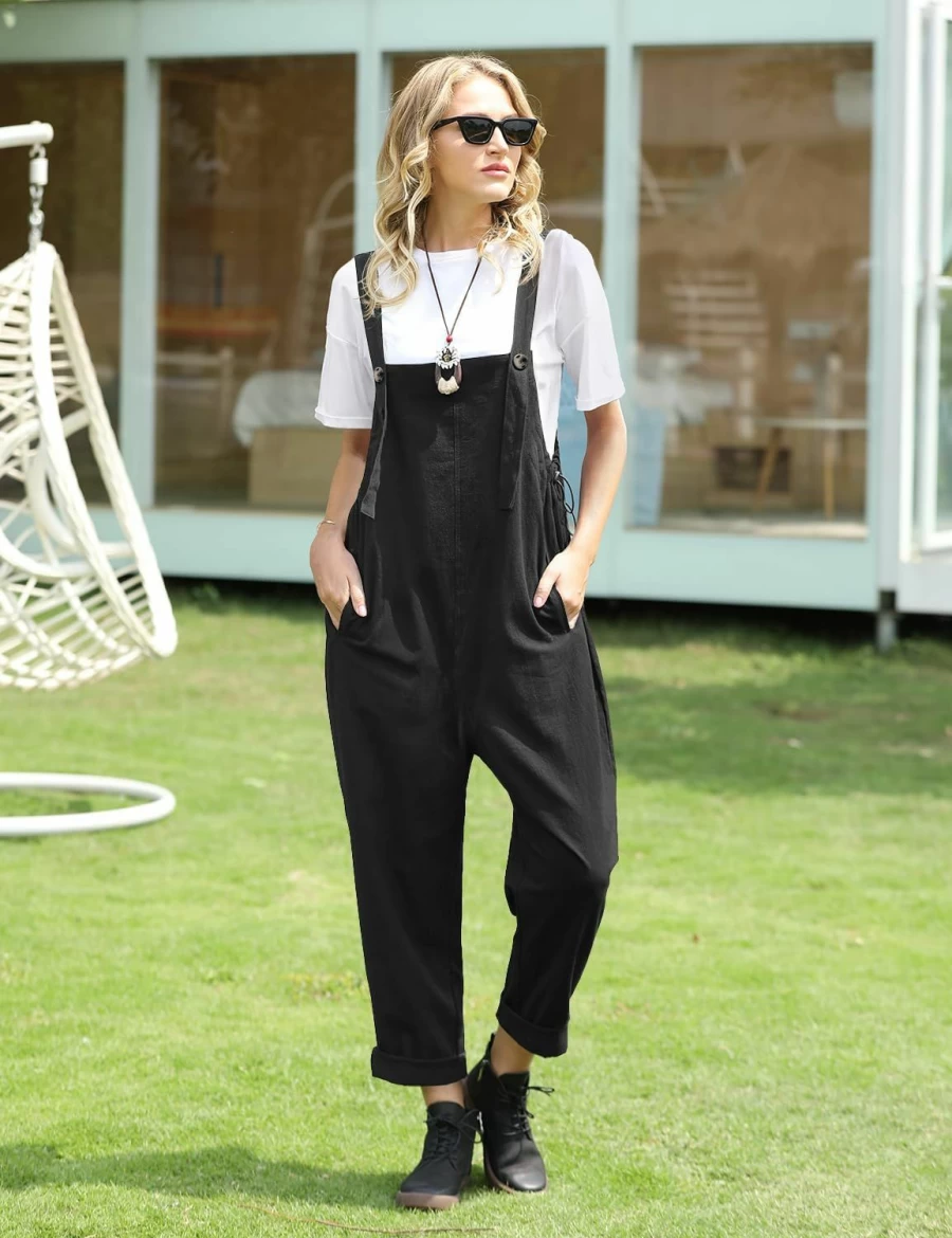YESNO Women's Casual Cotton Jumpsuit Romper - Loose Fit Overalls with Pockets, Baggy Harem Style