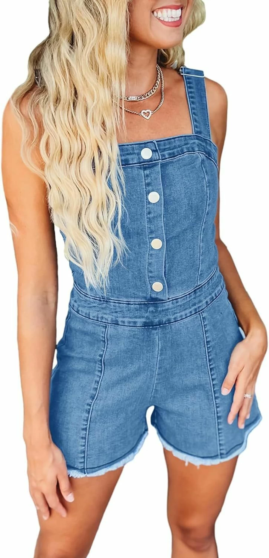 PLNOTME Women's Denim Romper Summer Short Jumpsuit with Adjustable Straps & Square Neck