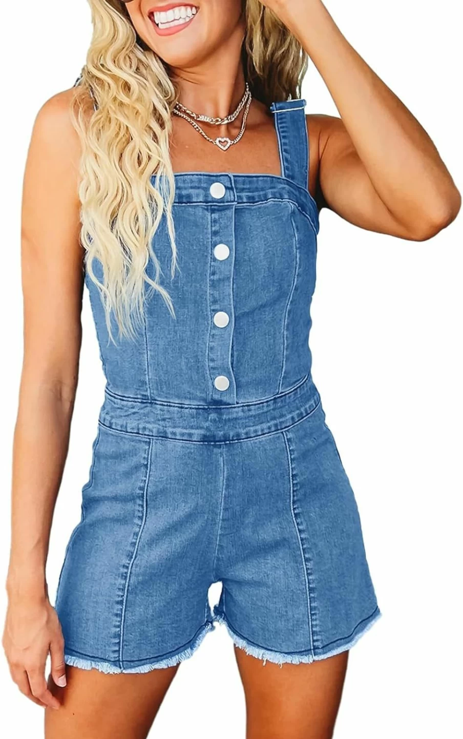 PLNOTME Women's Denim Romper Summer Short Jumpsuit with Adjustable Straps & Square Neck