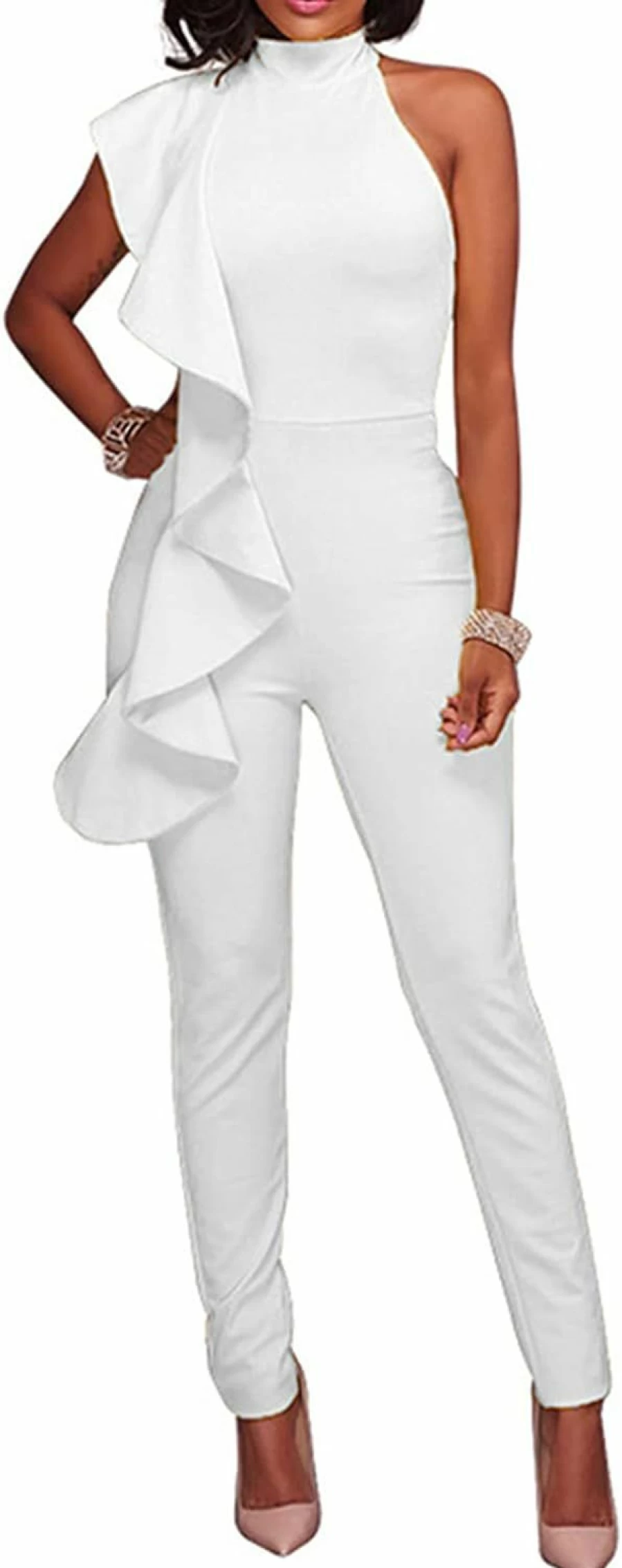 "Engood Women's Sexy Ruffle Strapless Jumpsuit - High Waist Wide Leg Romper for Clubwear"