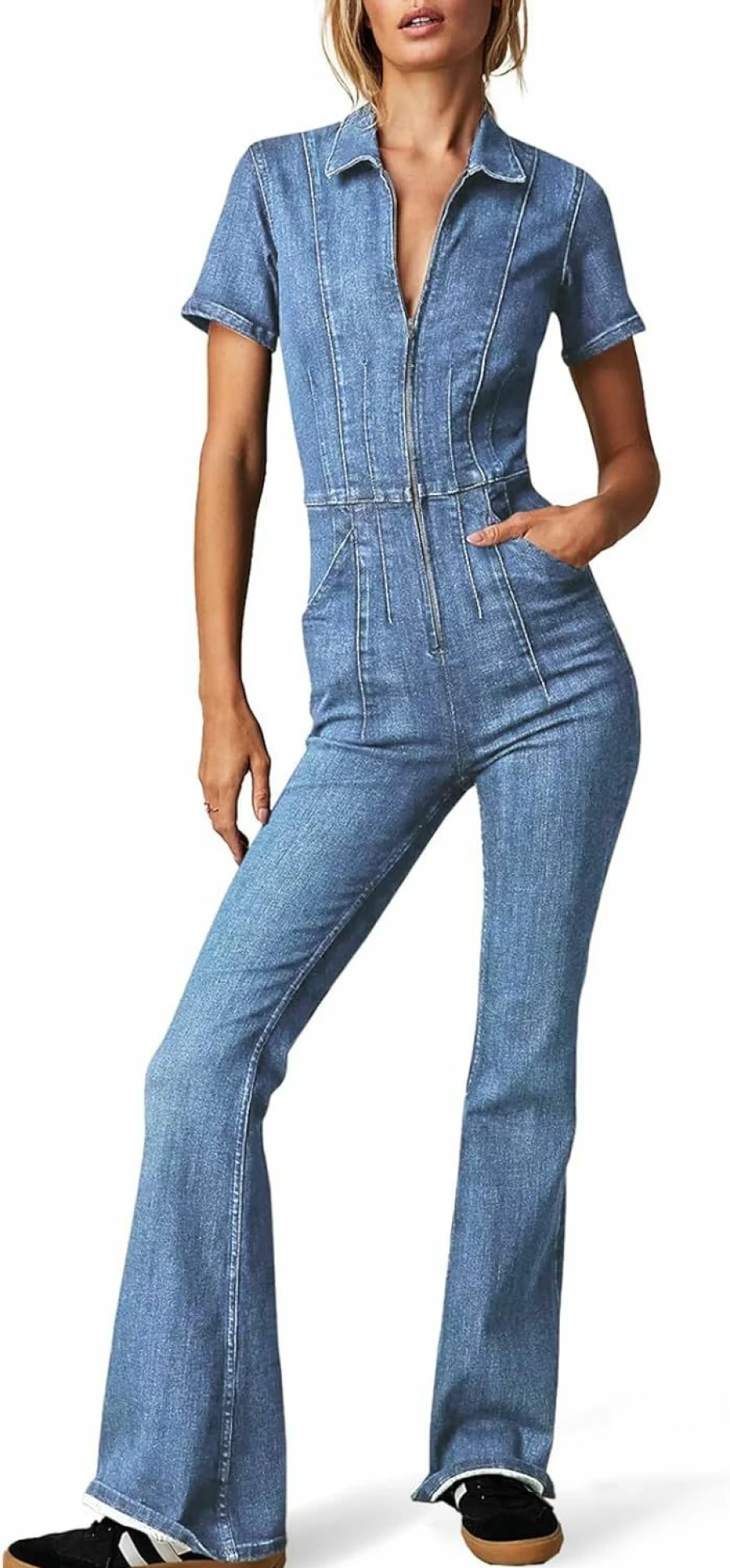 PLNOTME Women's Flare Denim Romper with Pockets - Short Sleeve Zipper Jumpsuit for Casual Outfits