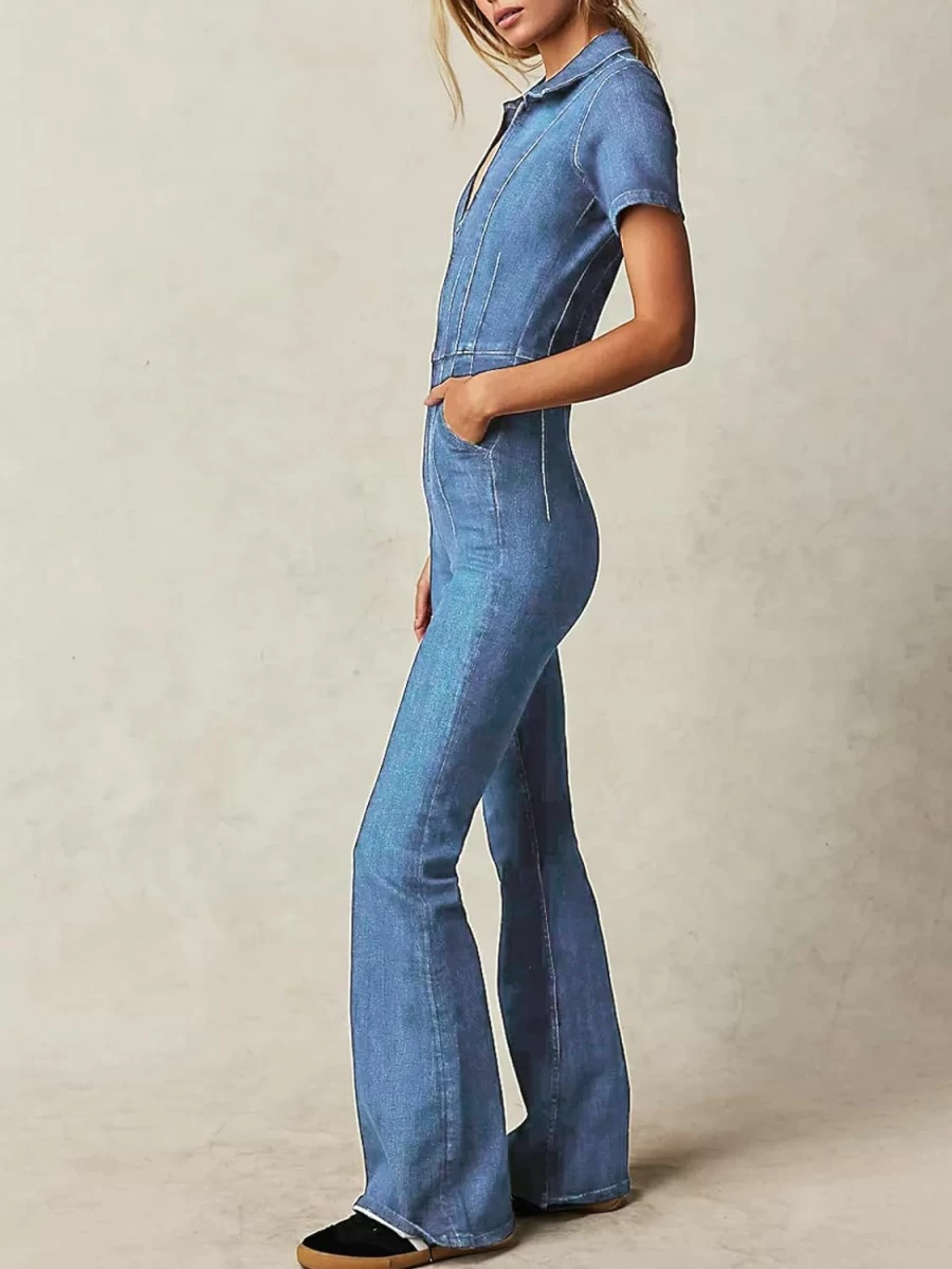 PLNOTME Women's Flare Denim Romper with Pockets - Short Sleeve Zipper Jumpsuit for Casual Outfits
